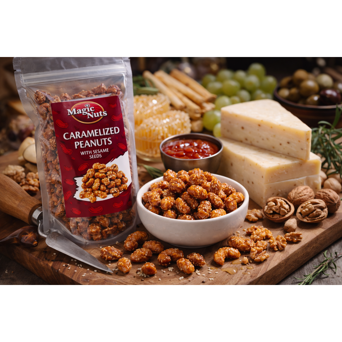 Karamelizēti zemesrieksti ar sezamu