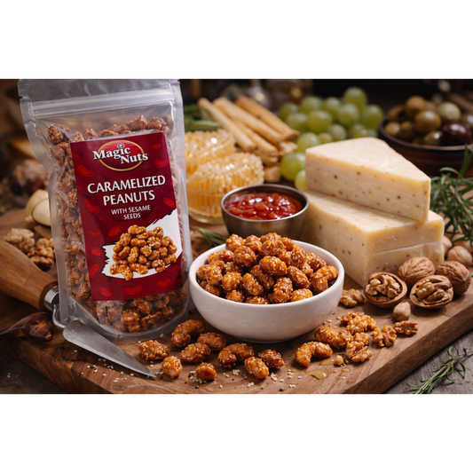 Karamelizēti zemesrieksti ar sezamu