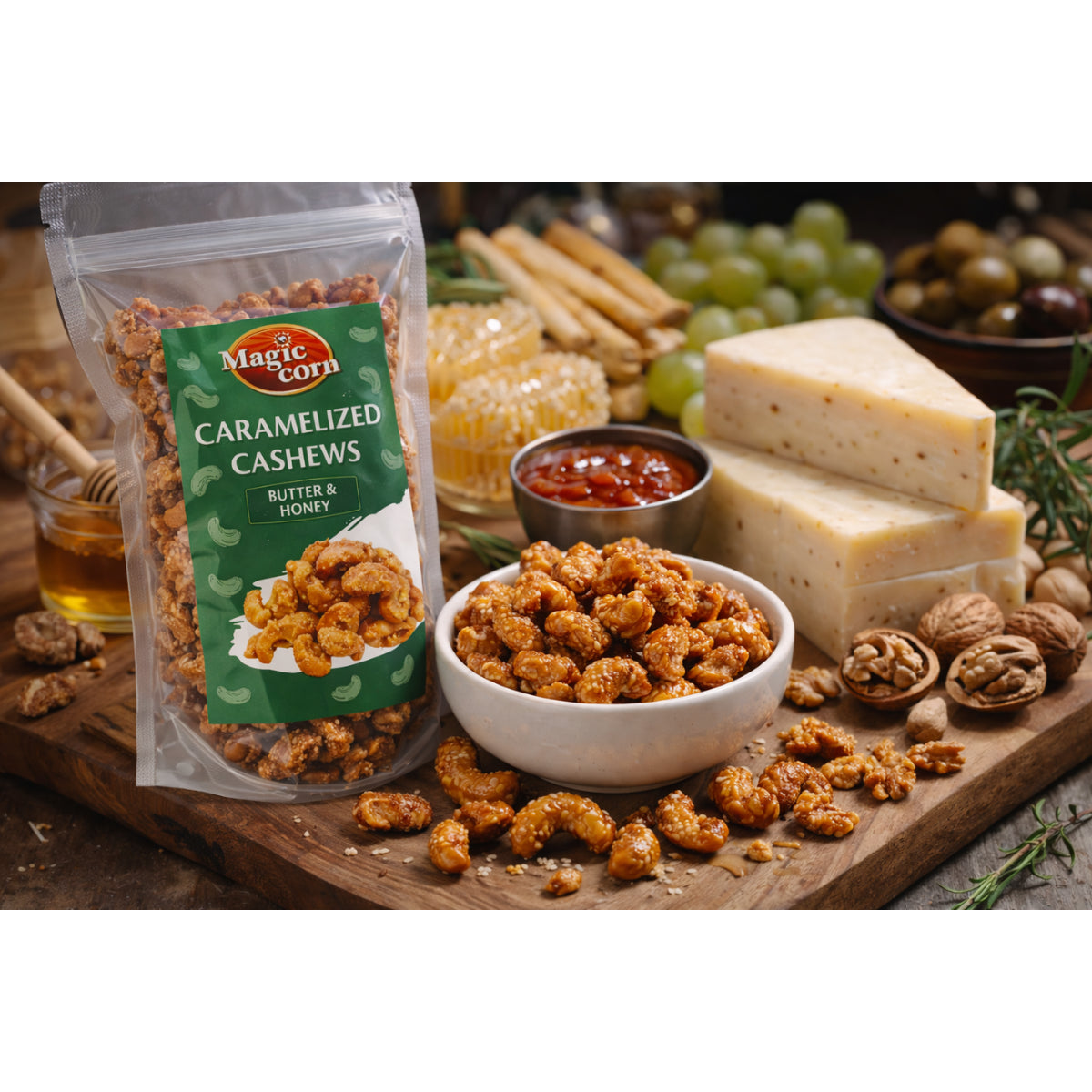 Gekaramelliseerde cashewnoten met honing en boter